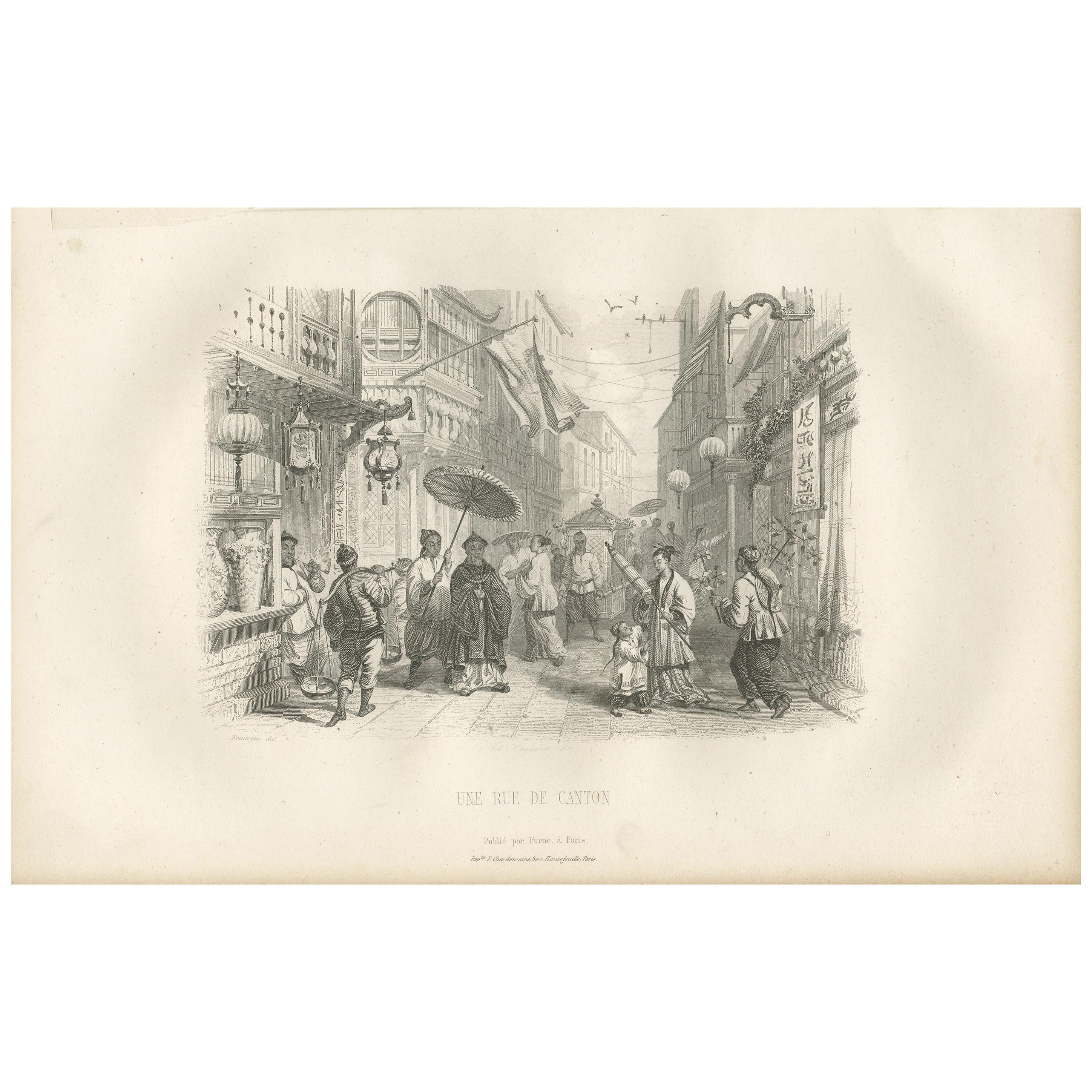 Antique Print of a Street in Guangzhou by D'Urville (1853) For Sale