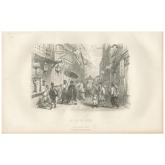 Antiker antiker Druck einer Straße in Guangzhou von D'Urville (1853)