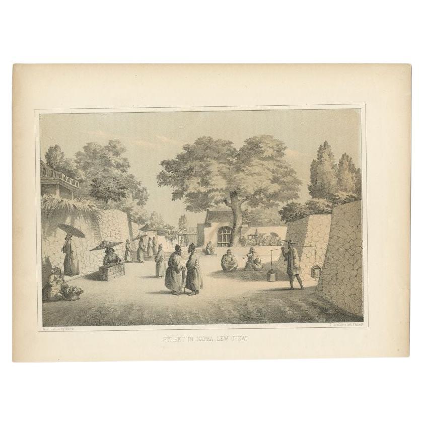 Antique print titled ‘Street in Napha Lew-Chew'. Antique print of a street scene in Naha, the capital city of the Okinawa Prefecture, Japan. Okinawa used to be called Great Lew Chew Island. This print originates from 'Narrative of the expedition of