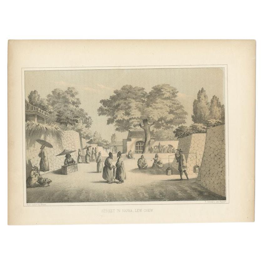 Gravure ancienne intitulée 'Street in Napha Lew-Chew'. Impression ancienne d'une scène de rue à Naha, la capitale de la préfecture d'Okinawa, au Japon. Okinawa s'appelait autrefois l'île Great Lew Chew. Cette gravure provient de 