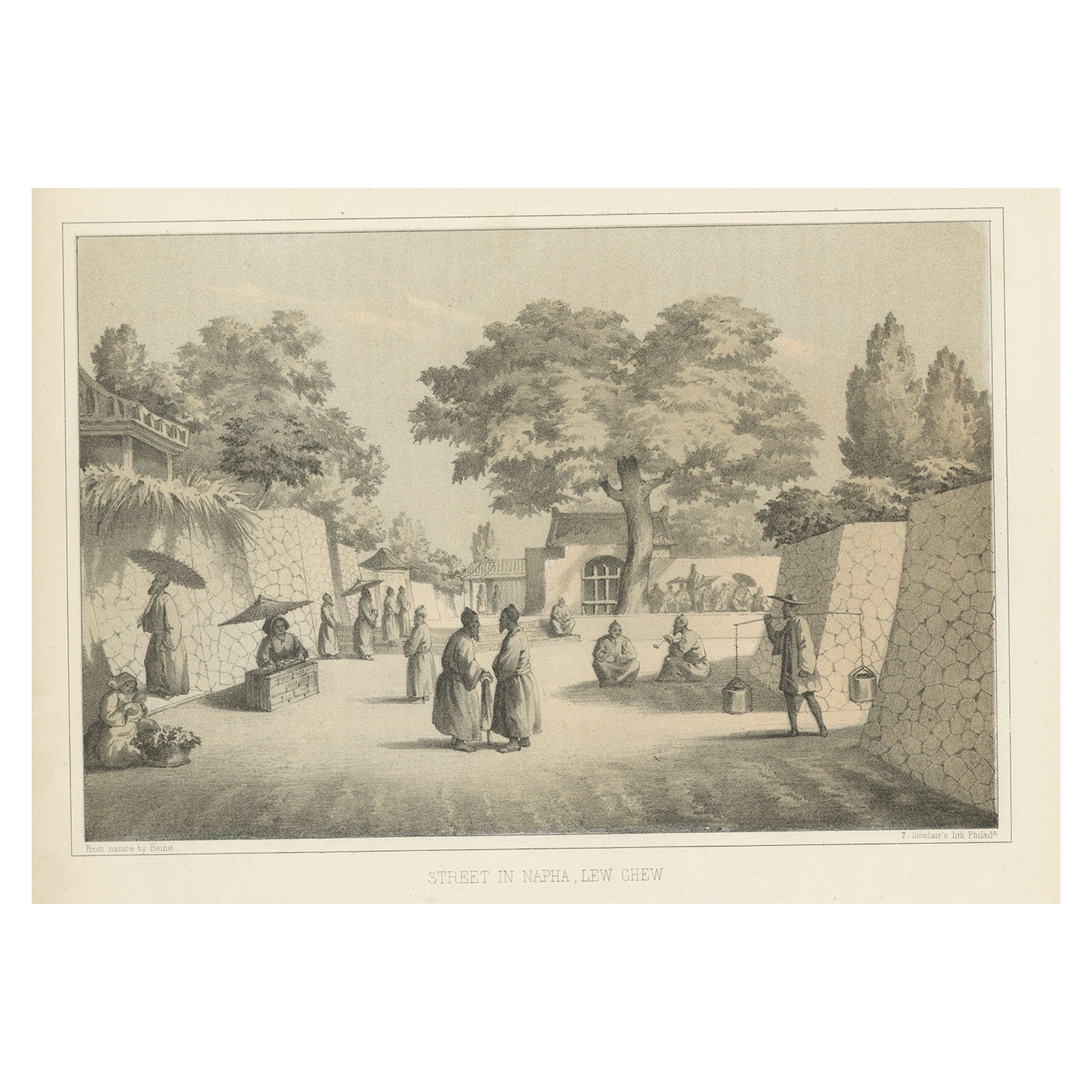 Antiker Druck einer Straße in Naha oder Napha, Lee Chew in China, (1856)