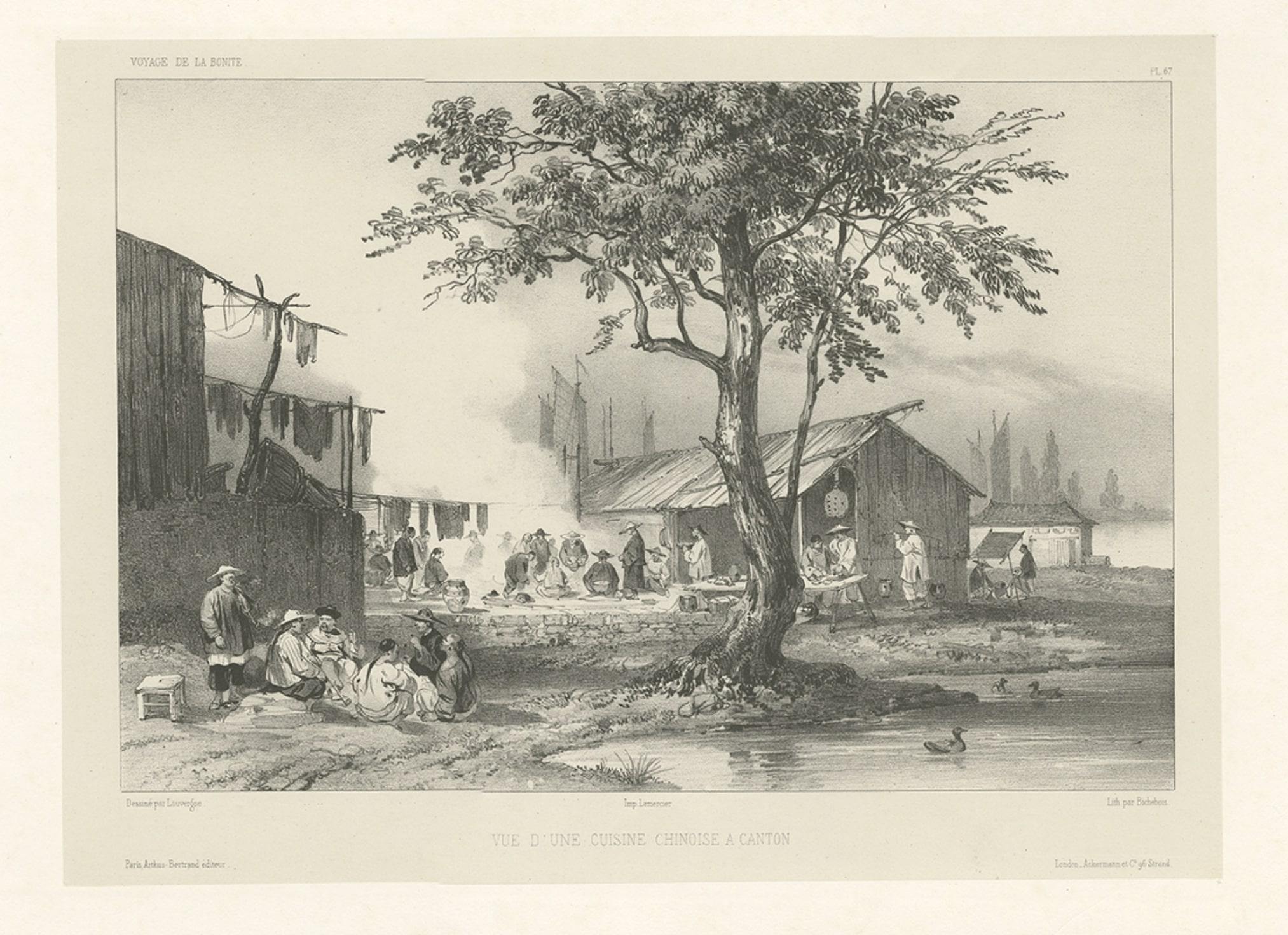 19th Century Antique Print of a Street Kitchen in Guangzhou in China, circa 1850 For Sale