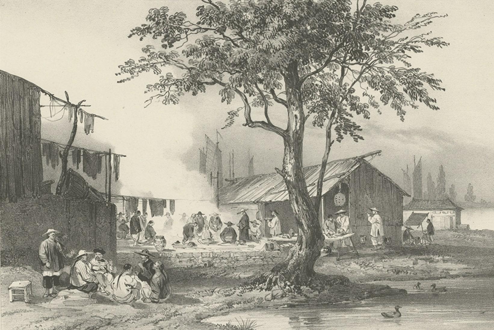 Paper Antique Print of a Street Kitchen in Guangzhou in China, circa 1850 For Sale