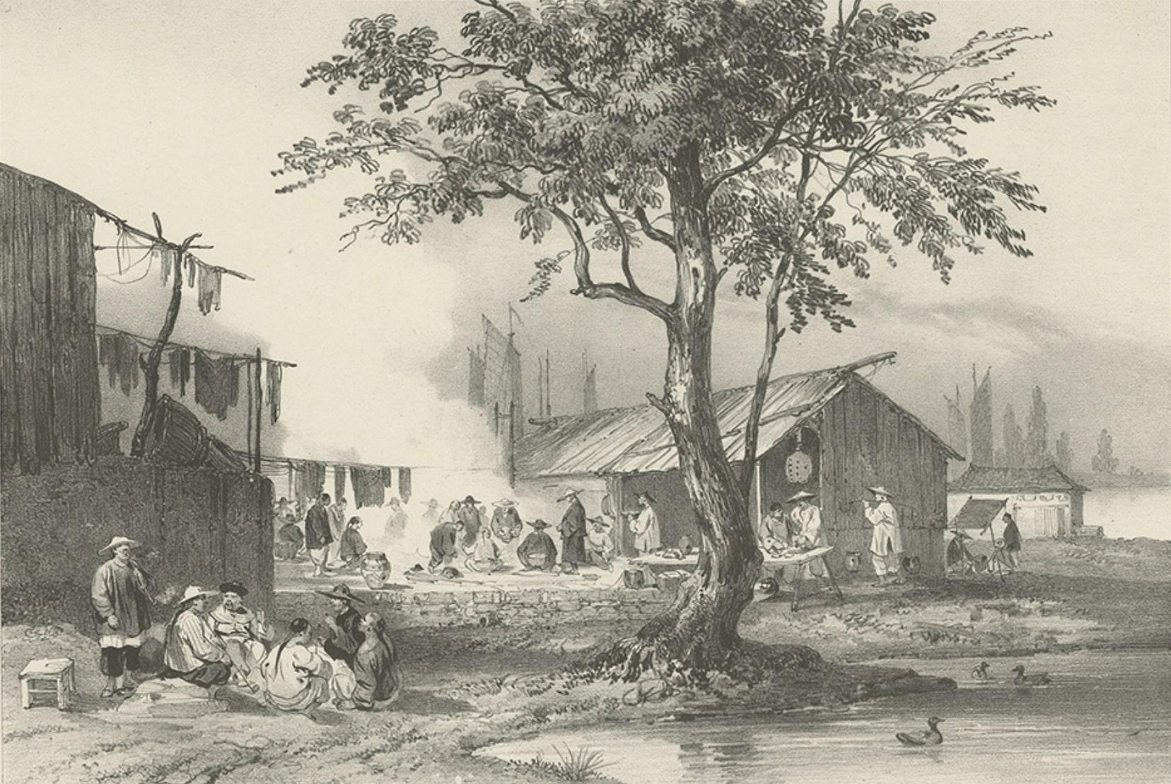 Antique Print of a Street Kitchen in Guangzhou in China, circa 1850 For Sale 1