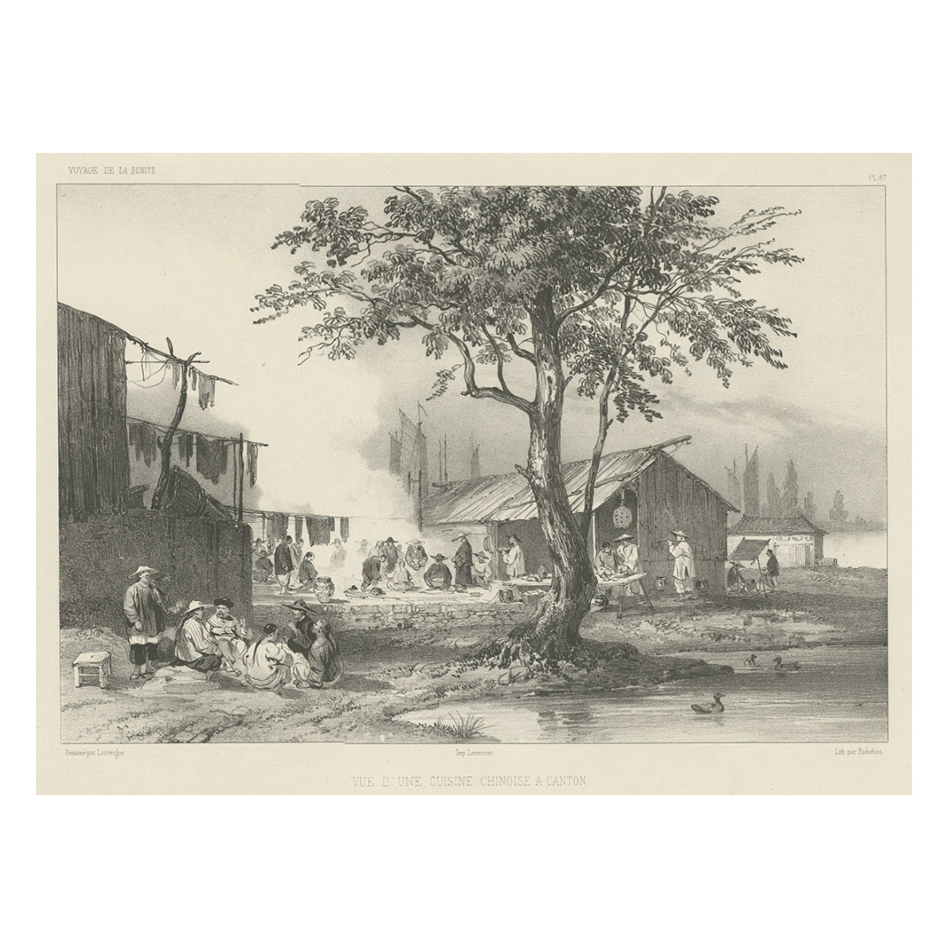 Antiker Druck einer Straßen Küche in Guangzhou in China, um 1850