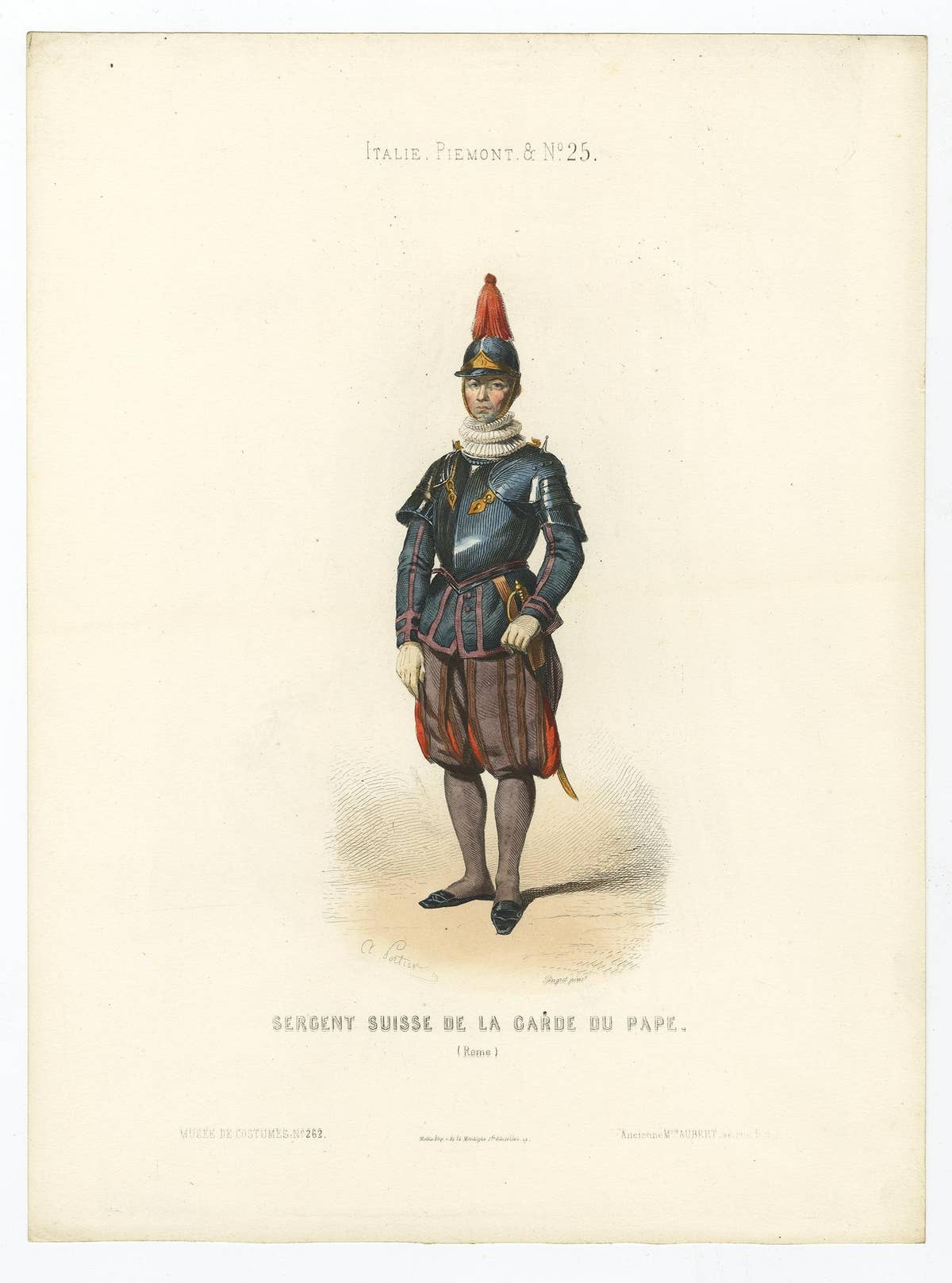 Antique Print of a Swiss Guard for the Pope in The Vatican, 1850