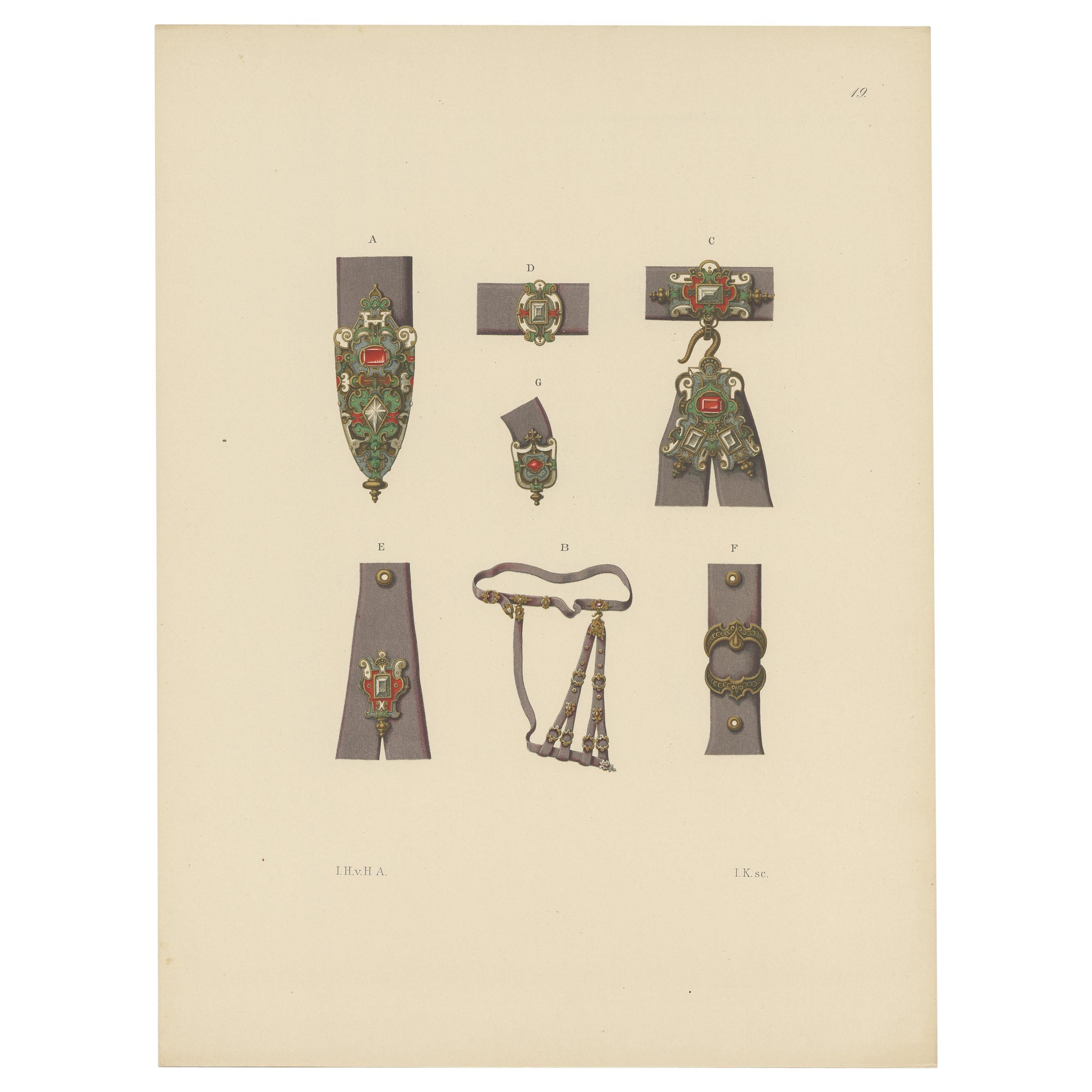 Antique Print of a Sword Belt with Decorations by Hefner-Alteneck '1890' For Sale