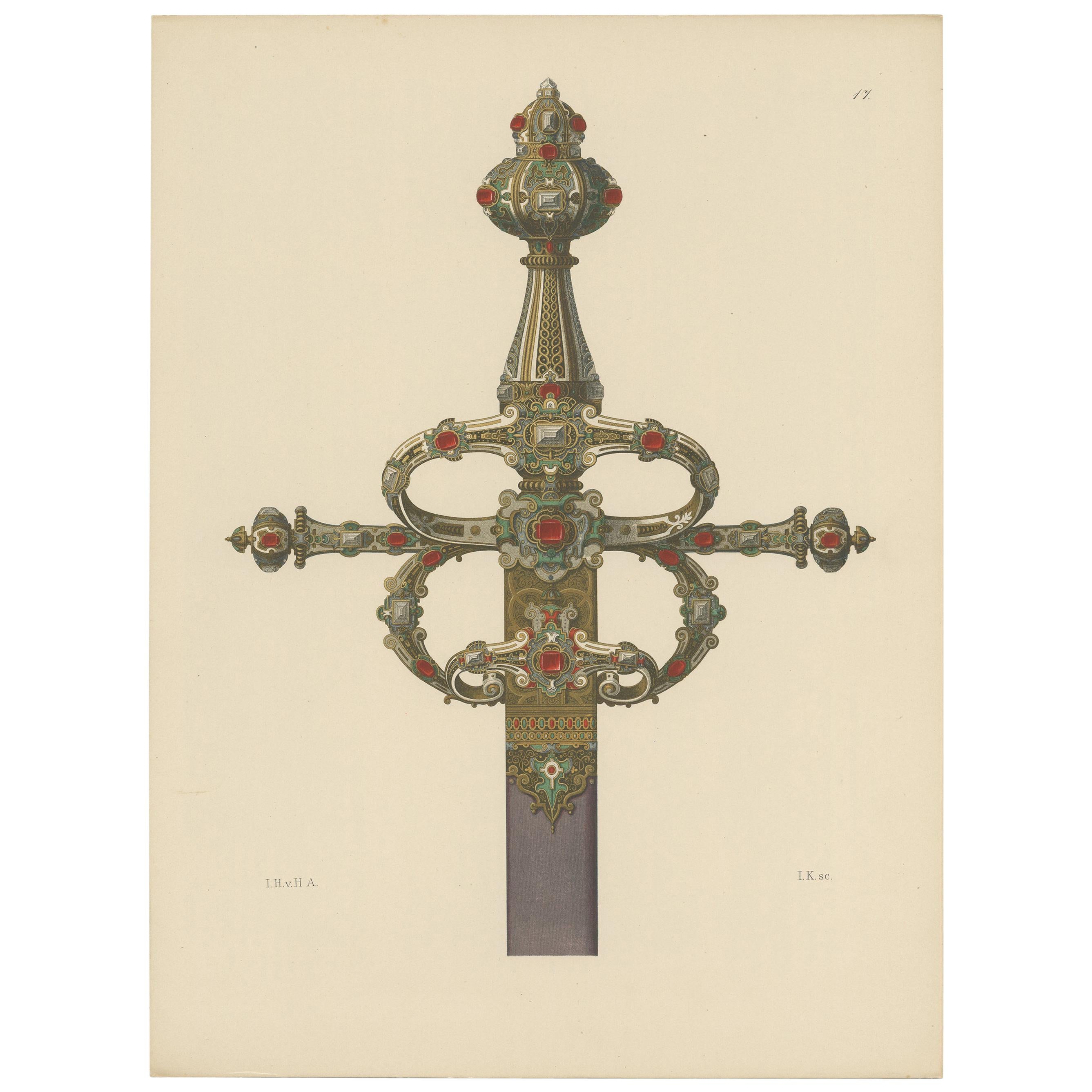 Antique Print of a Sword Decorated with Gold and Gems by Hefner-Alteneck, 1890 For Sale