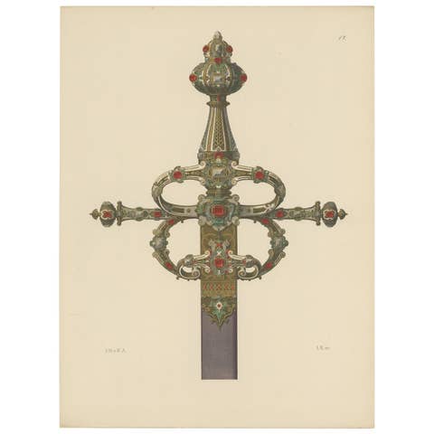 Antique Print of a Sword Decorated with Gold and Gems by Hefner-Alteneck, 1890
