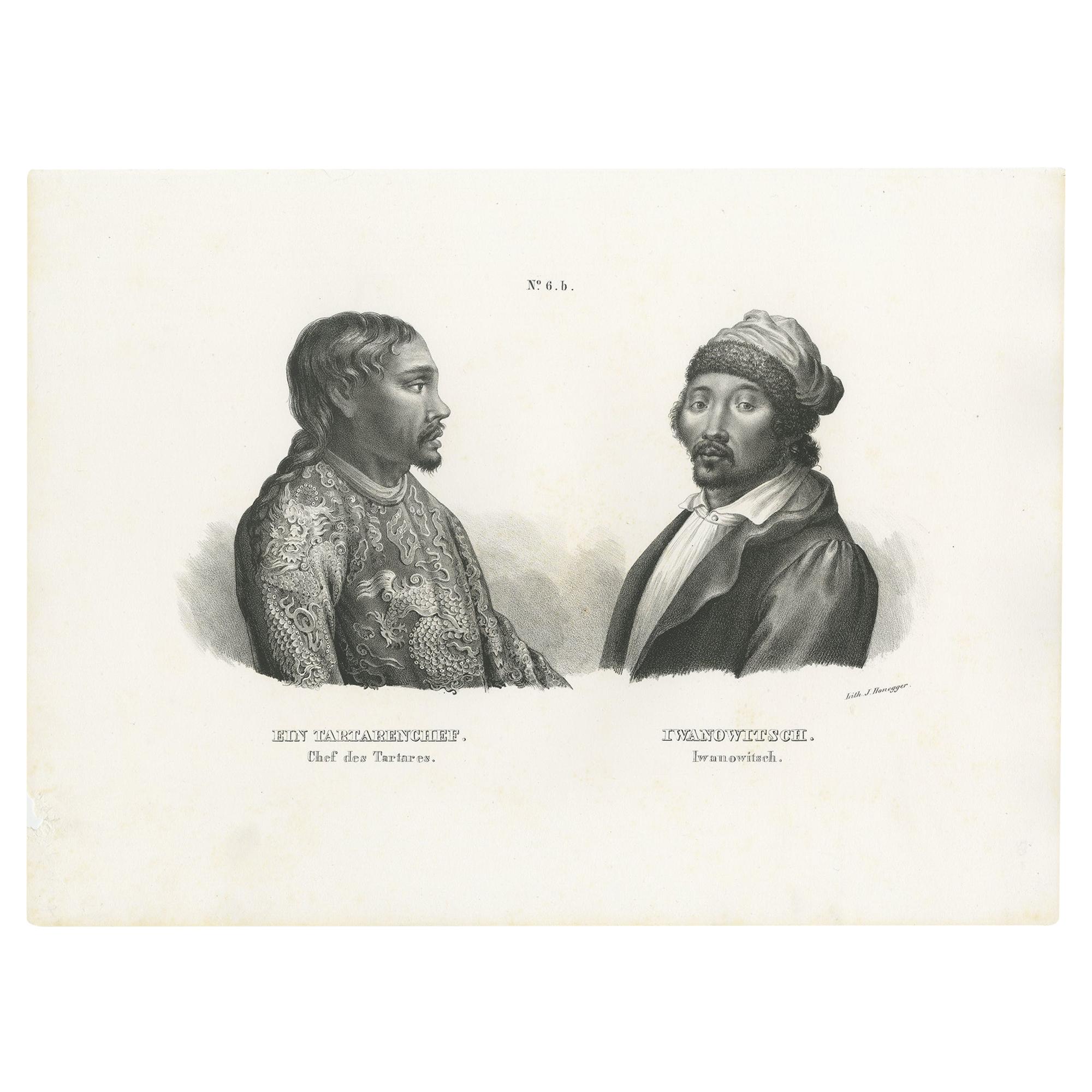 Antique Print of a Tartar Chief and Feodor, a Kalmyk, by Honegger, 1845