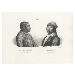 Impression ancienne d'un chef de Tartar et d'un fauconnier, un Kalmyk, par Honegger, 1845