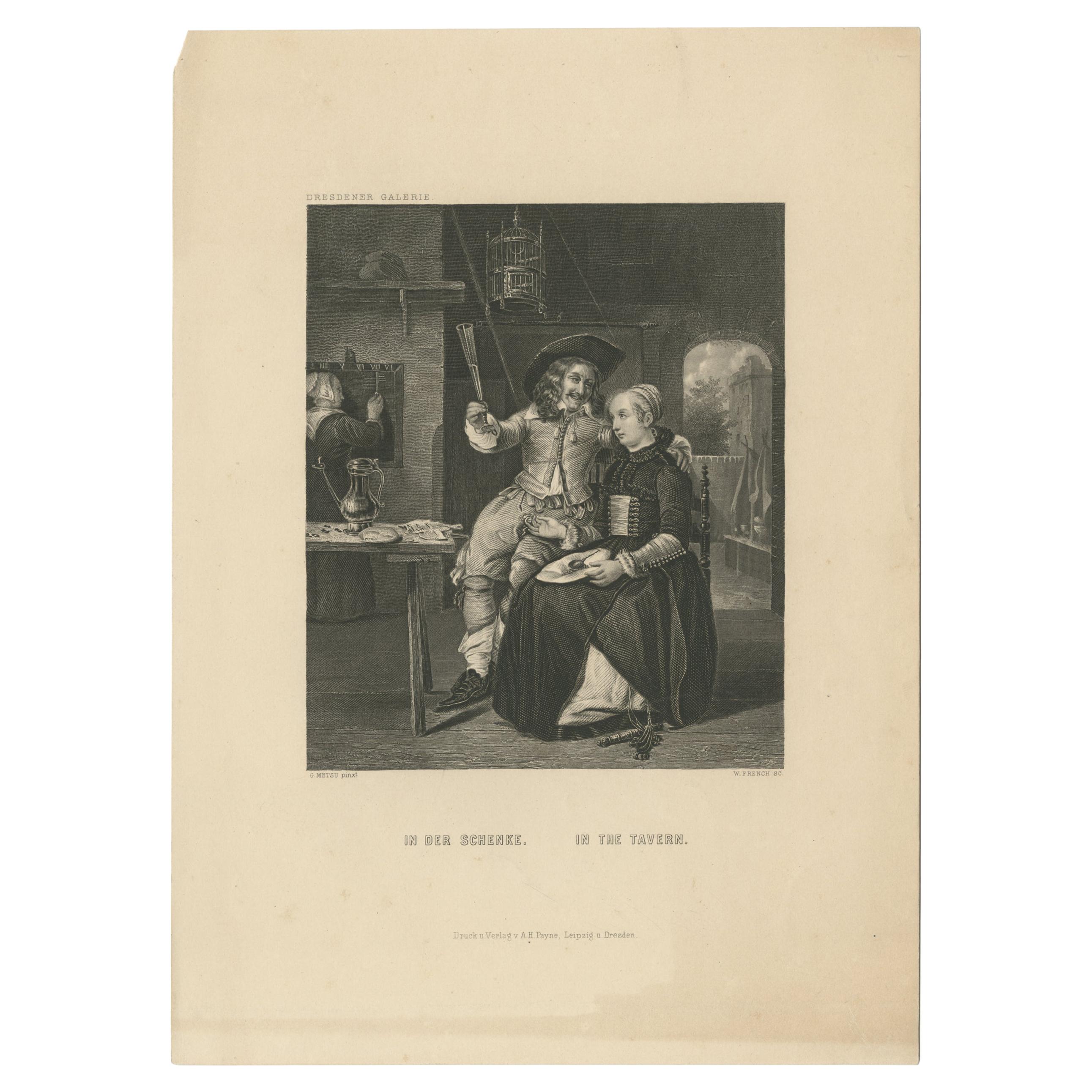 Antiker Druck einer Tavernszene von Payne, um 1850