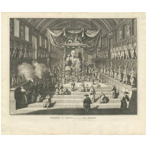 Antique Print of a Temple in Japan with Religious Idols by B. Picart, 1726
