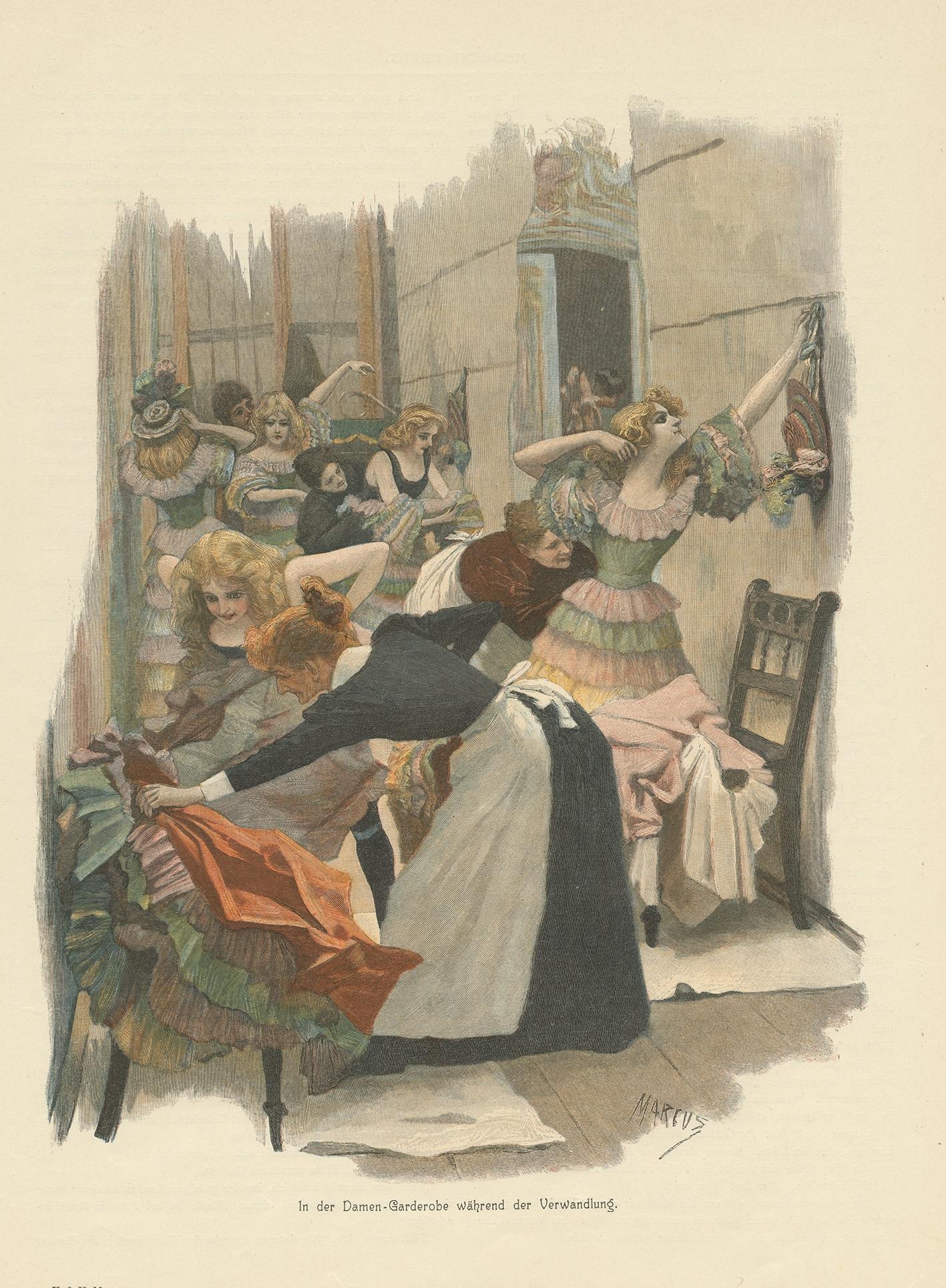 Antique print titled 'In der Damen-Garderobe während der Verwandlung'. Print of a theater dressing room, it shows actresses change clothes.