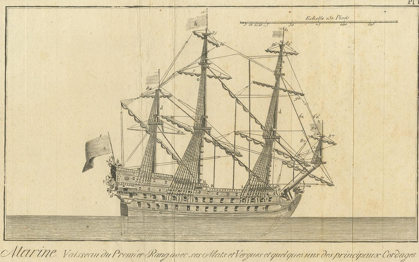 Antique print titled 'Marine Vaisseau du Premier Rang avec ses Mats et Vergues et quelques uns des principaux Cordages'. Engraving of a three-masted man-of-war showing its rigging and intricately carved bow and stern. Source unknown, to be