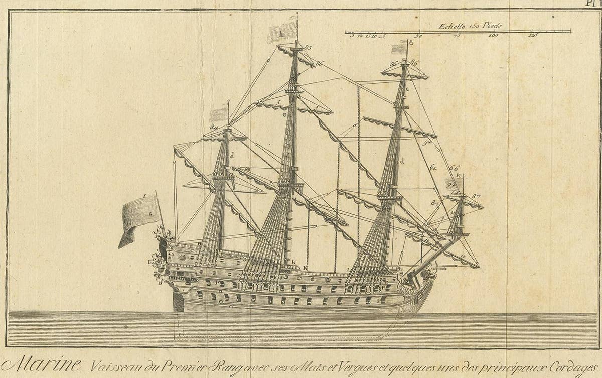 Antique Print of a Three-Masted Man-of-War, circa 1770