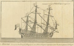 Antique Print of a Three-Masted Man-of-War, circa 1770