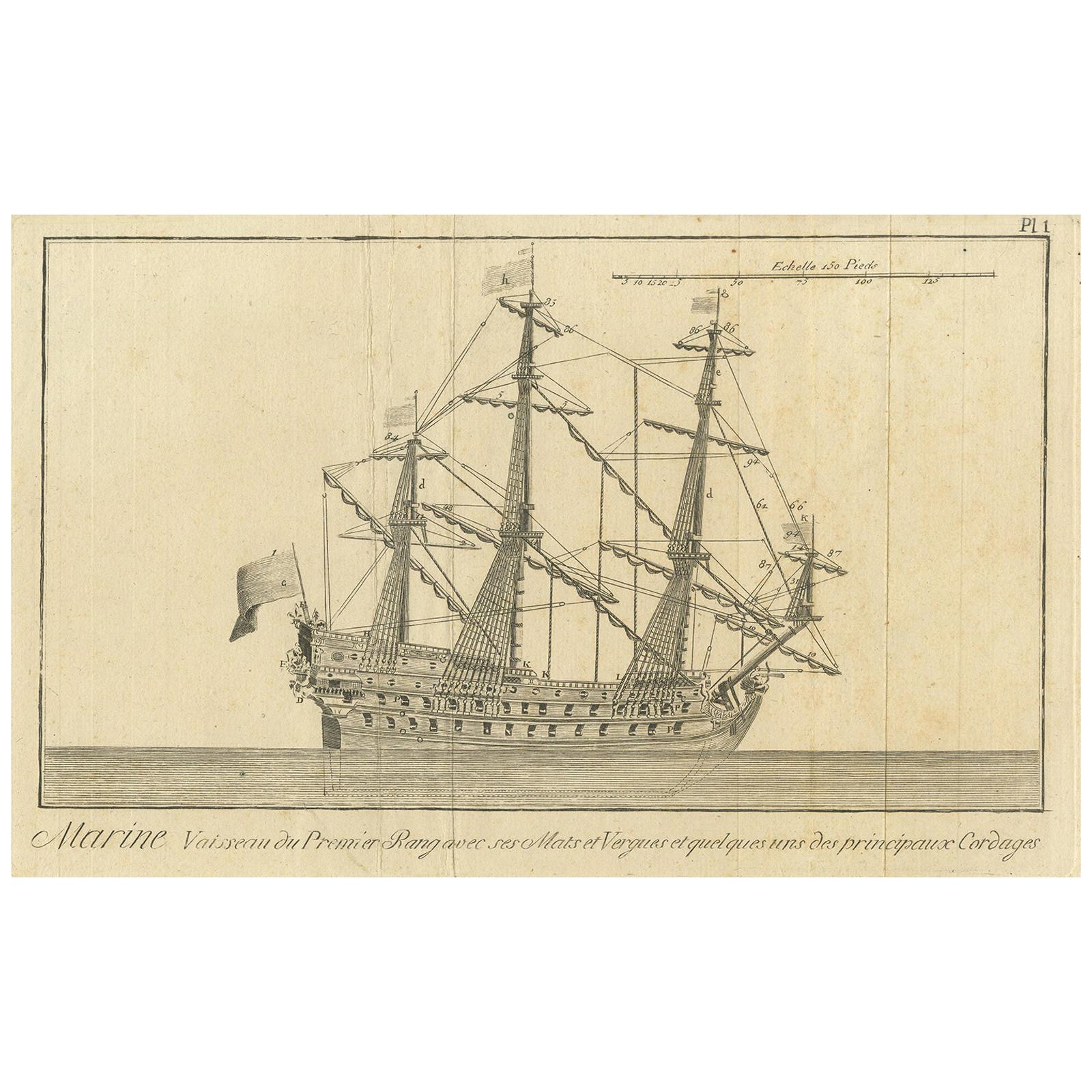 Antique Print of a Three-Masted Man-of-War, circa 1770