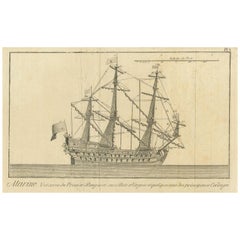 Grabado antiguo de un hombre de guerra de tres mástiles, hacia 1770