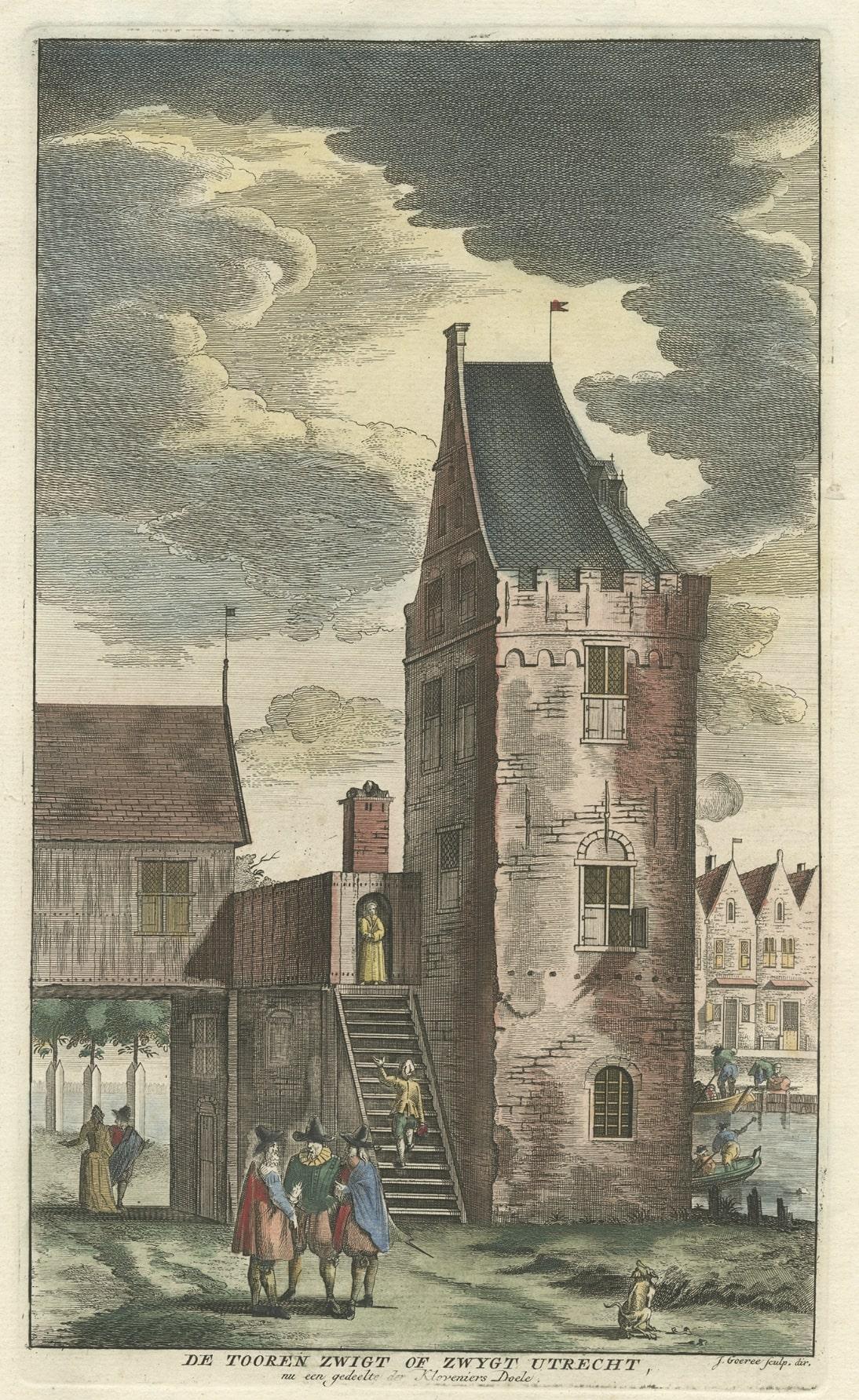 Paper Antique Print of a Tower Zwigt Utrecht in Amsterdam by Goeree, 1765 For Sale
