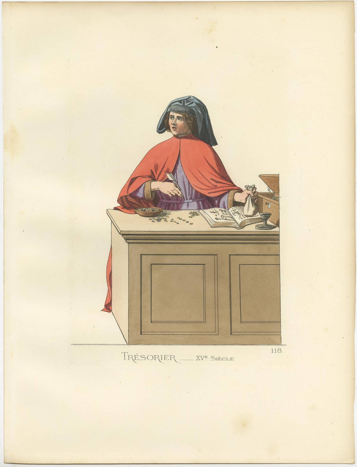 Antique Print of a Treasurer/Bookkeeper, 15th Century, by Bonnard, 1860