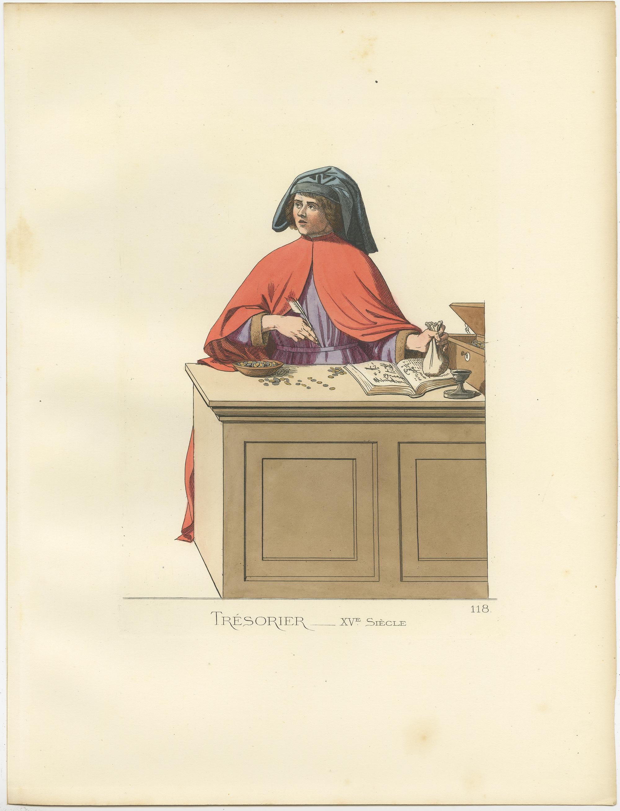 19th Century Antique Print of a Treasurer/Bookkeeper, 15th Century, by Bonnard, 1860 For Sale