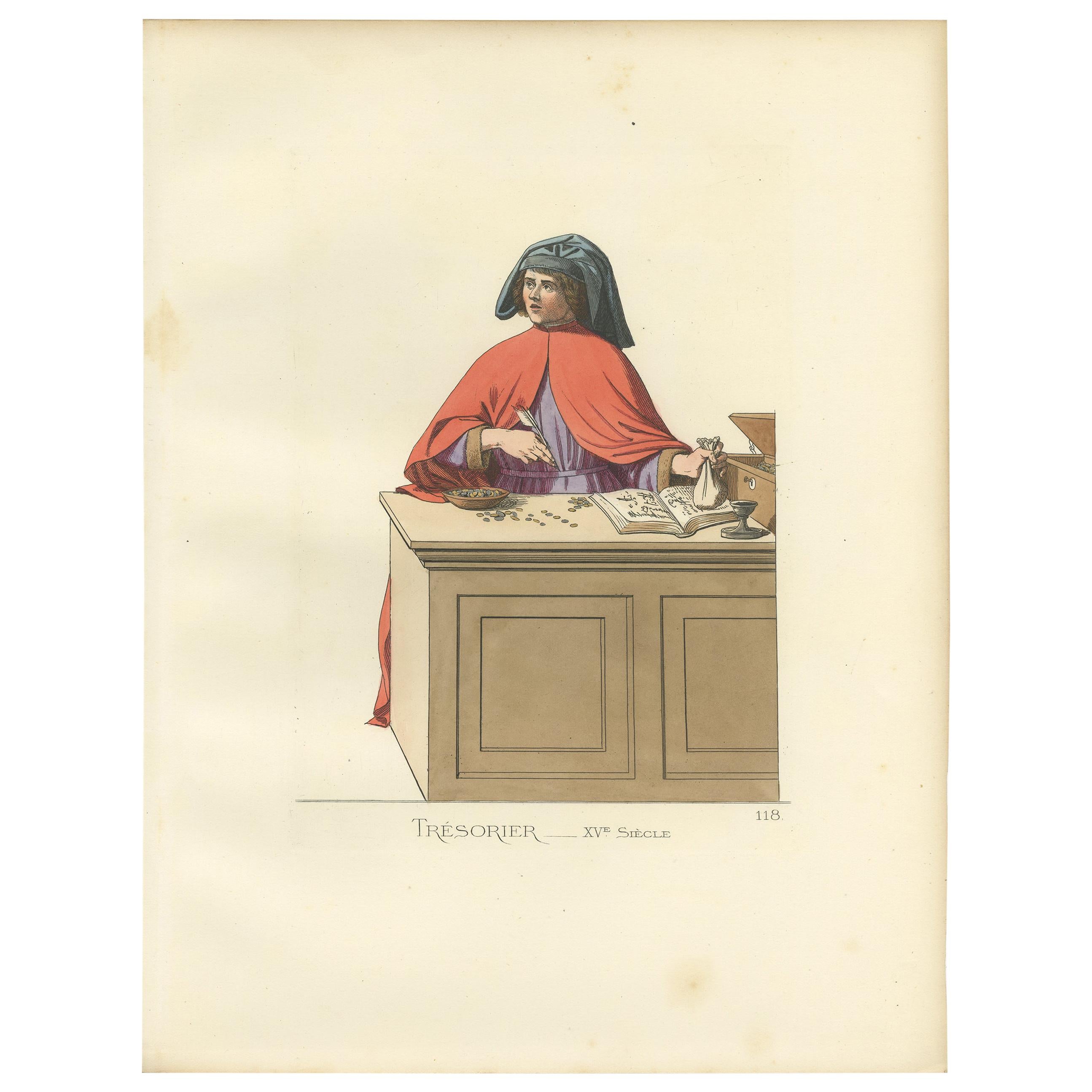 Antique Print of a Treasurer/Bookkeeper, 15th Century, by Bonnard, 1860