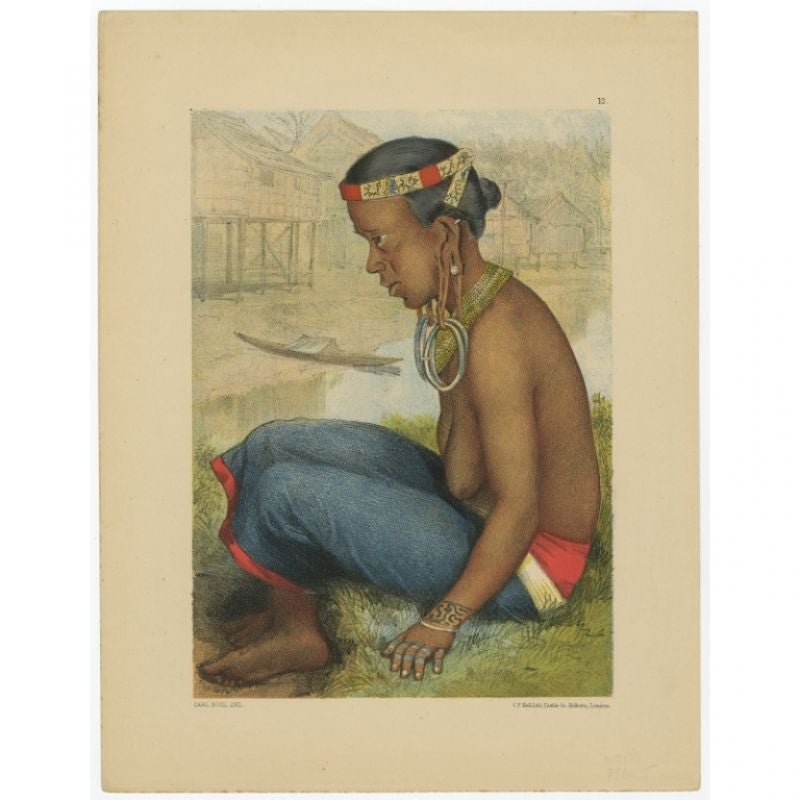 Antique print, untitled. This plate shows a Tring Dayak woman of Borneo, Indonesia. Carl Bock made his expedition to east- and south Borneo in order of Governor-General Van Lansberghe. Bock's task was to write an account of the various Dayak tribes