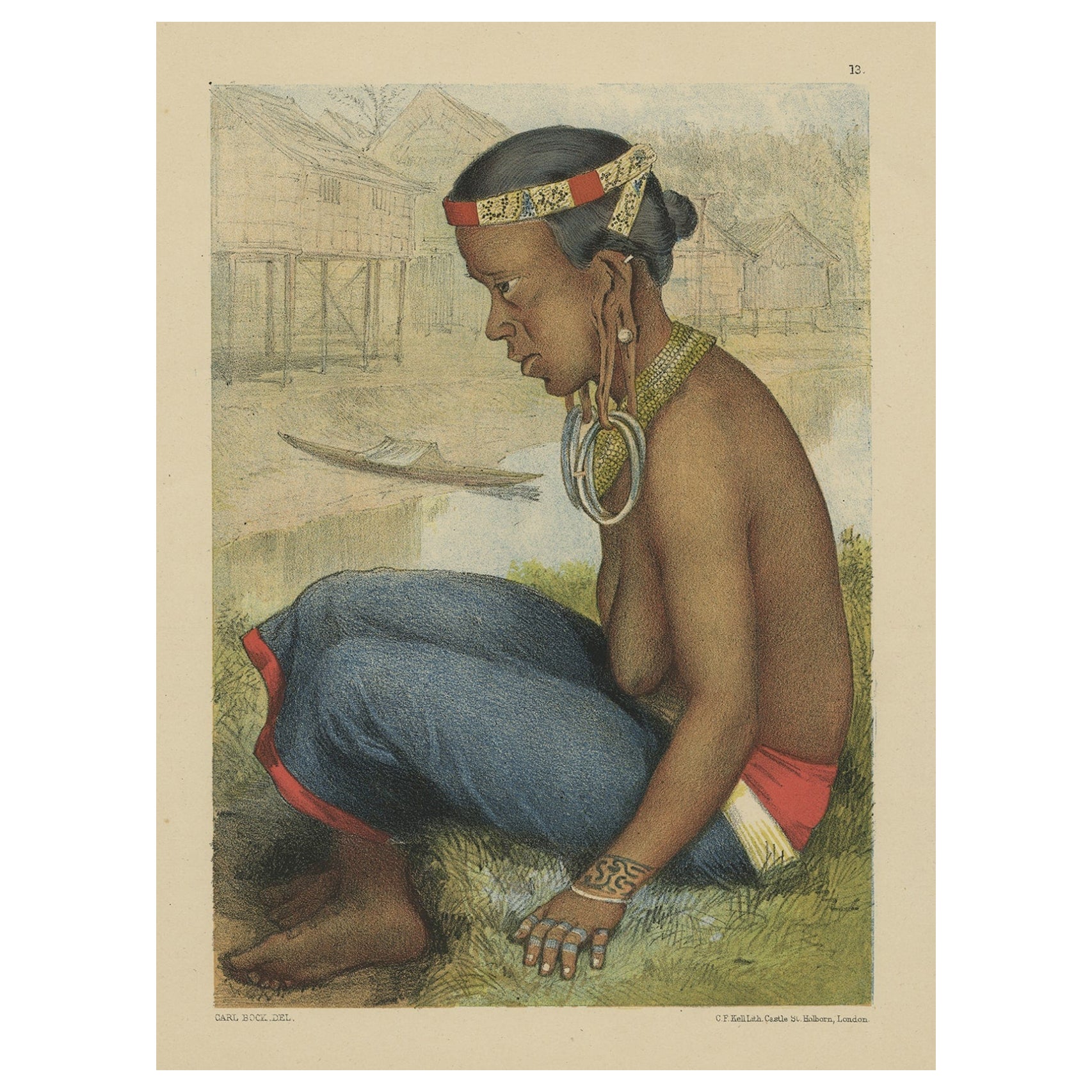 Stampa antica di una donna Tring Dayak dell'isola del Borneo, Indonesia, 1881 in vendita