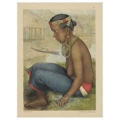 Stampa antica di una donna Tring Dayak dell'isola del Borneo, Indonesia, 1881