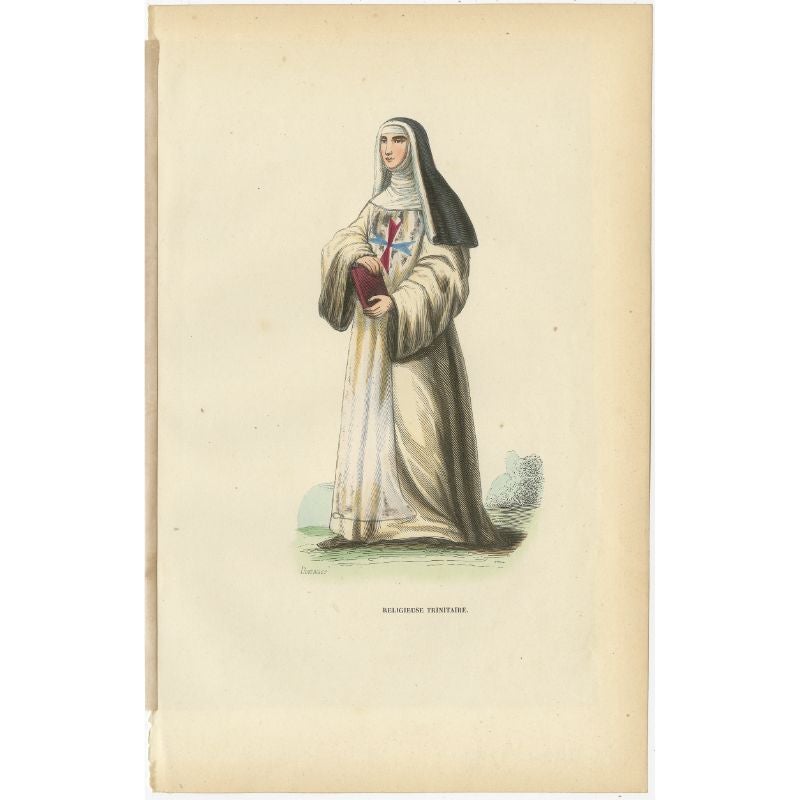 Antique print titled 'Religieuse Trinitaire'. Print of a Trinitarian Nun. This print originates from 'Histoire et Costumes des Ordres Religieux'.

Artists and Engravers: Author: Abbé Tiron. 

Condition: Good, general age-related toning. Minor