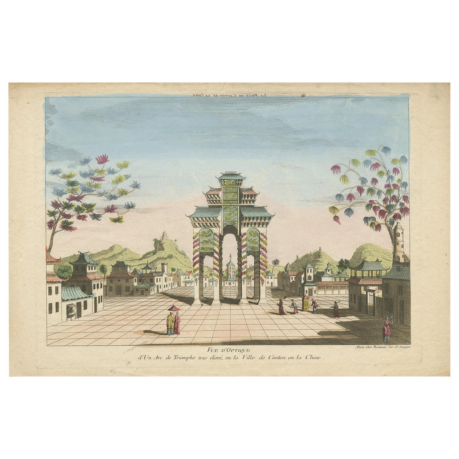 Antiker Druck eines Triumphbogens in Guangzhou von Beauvais:: um 1700