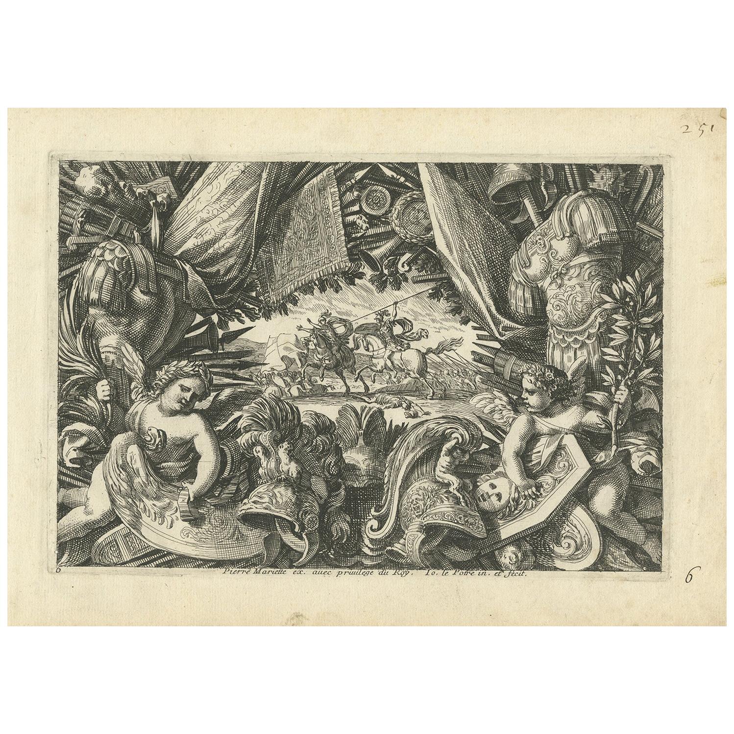 Antique Print of a Trophy of Arms by Lepautre, circa 1650 For Sale