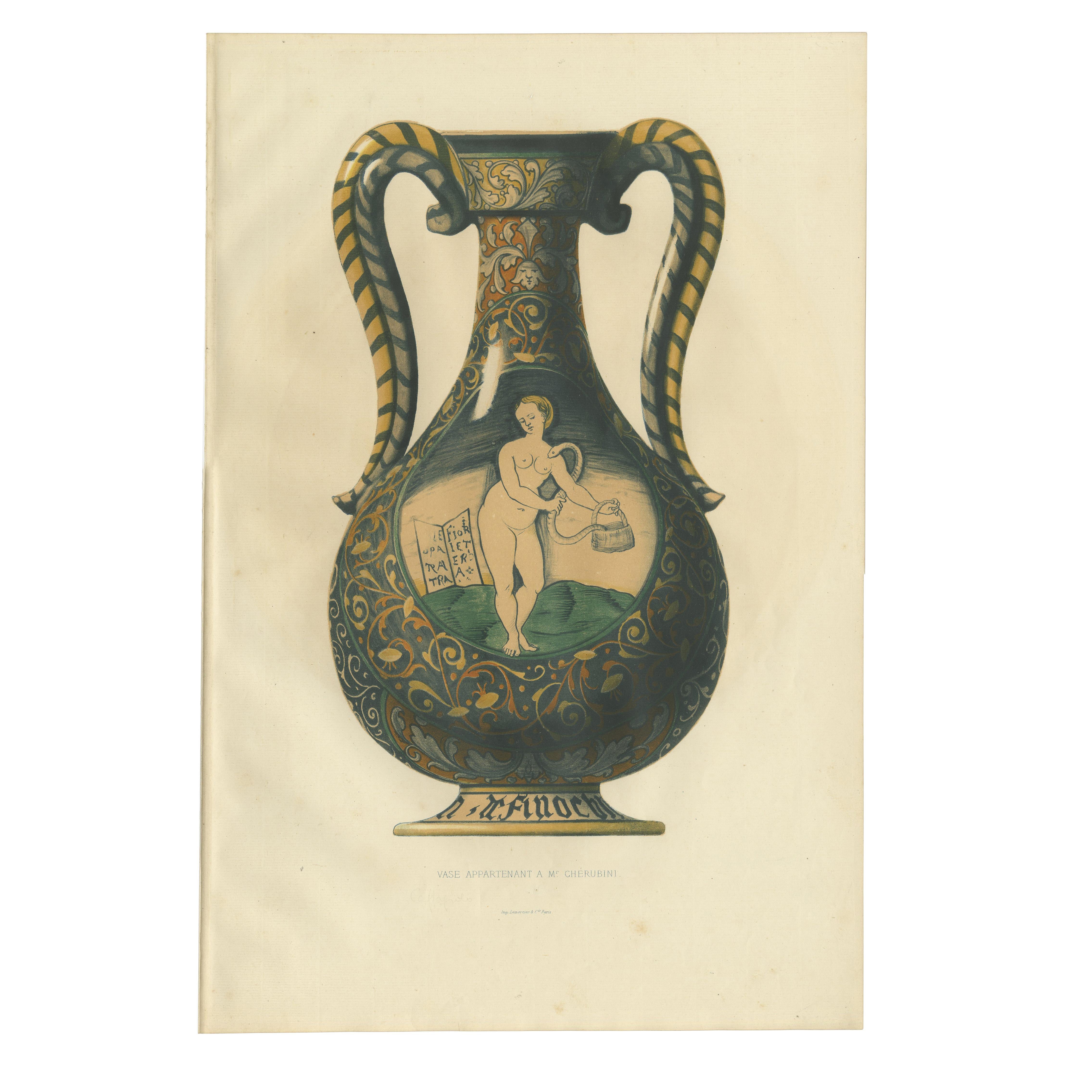 Antique Print of a Vase of Mr. Cherubini by Delange '1869' For Sale