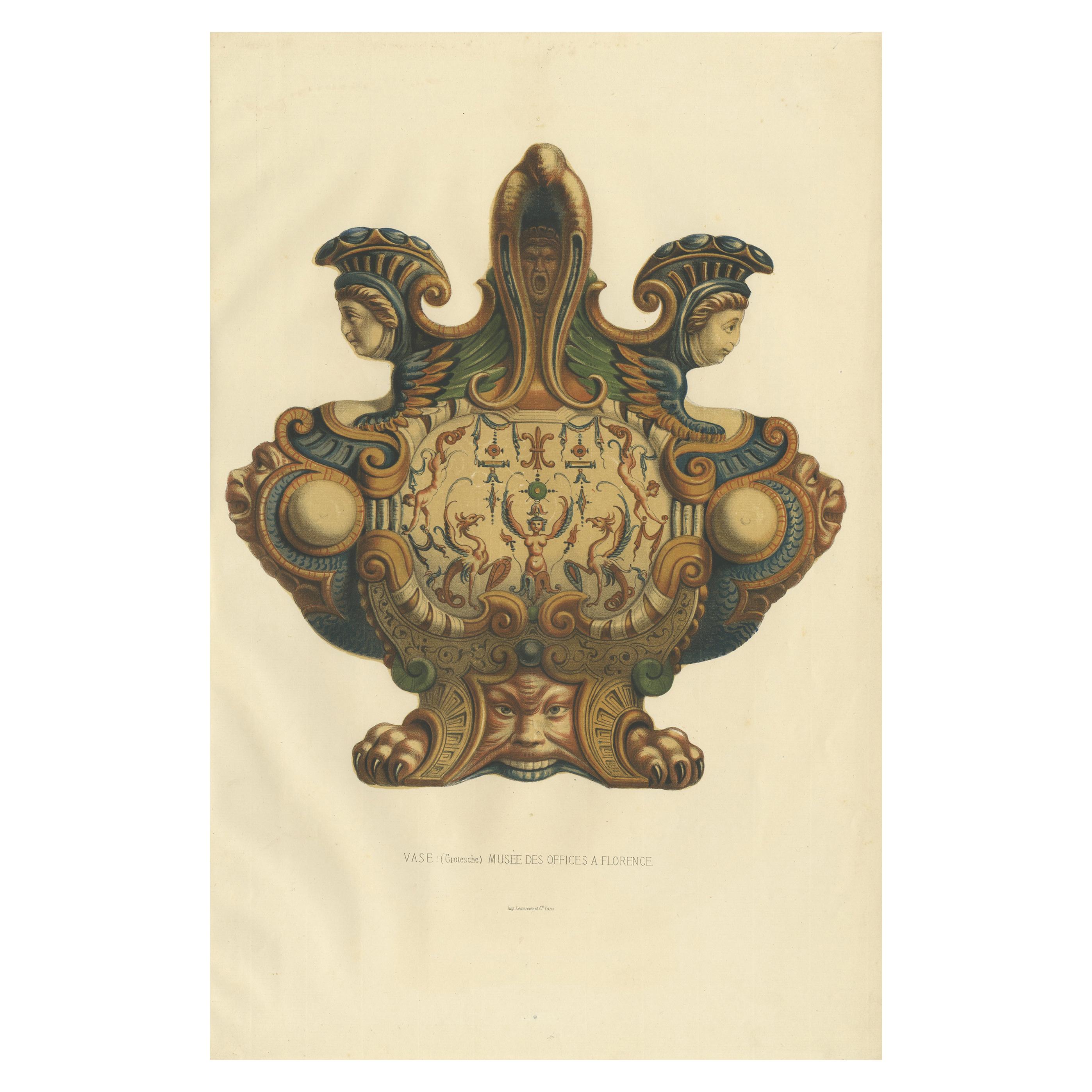 Antique Beautiful Large Print of a Vase of the Florence Museum in Italy, '1869'