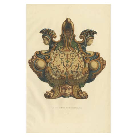 Antique Lithograph of Italian Faience Vase – Uffizi Florence, Delange, 1869