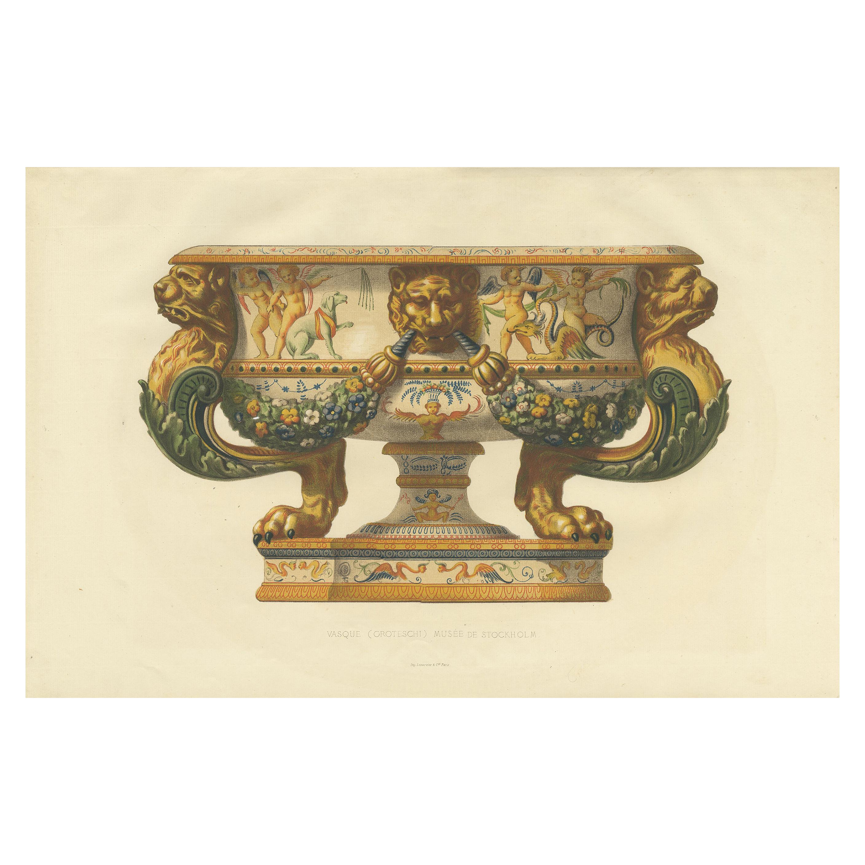 Antiker Druck einer Vase des Nationalmuseums in Stockholm von Delange '1869'