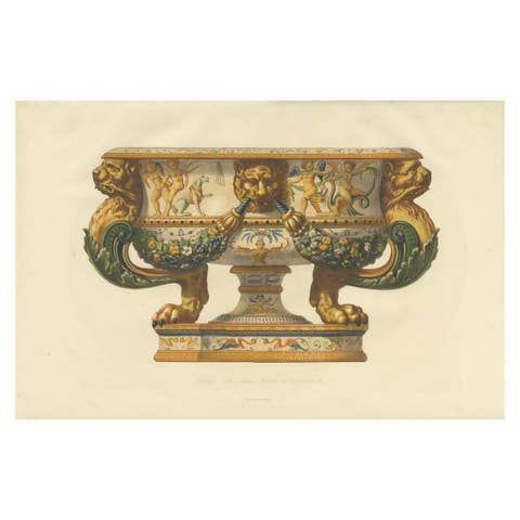 Italian Faience Vasque – Antique Decorative Arts Lithograph, Stockholm 1869