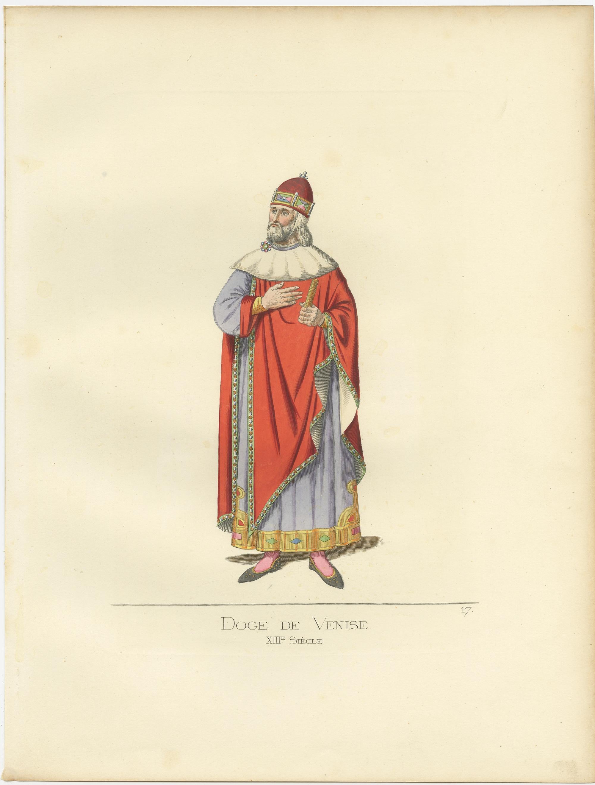 Antique print titled ‘Doge de Venise, XIIIe Siecle.’ Original antique print of a Venetian Doge. This print originates from 'Costumes historiques de femmes du XIII, XIV et XV siècle' by C. Bonnard. Published 1860.