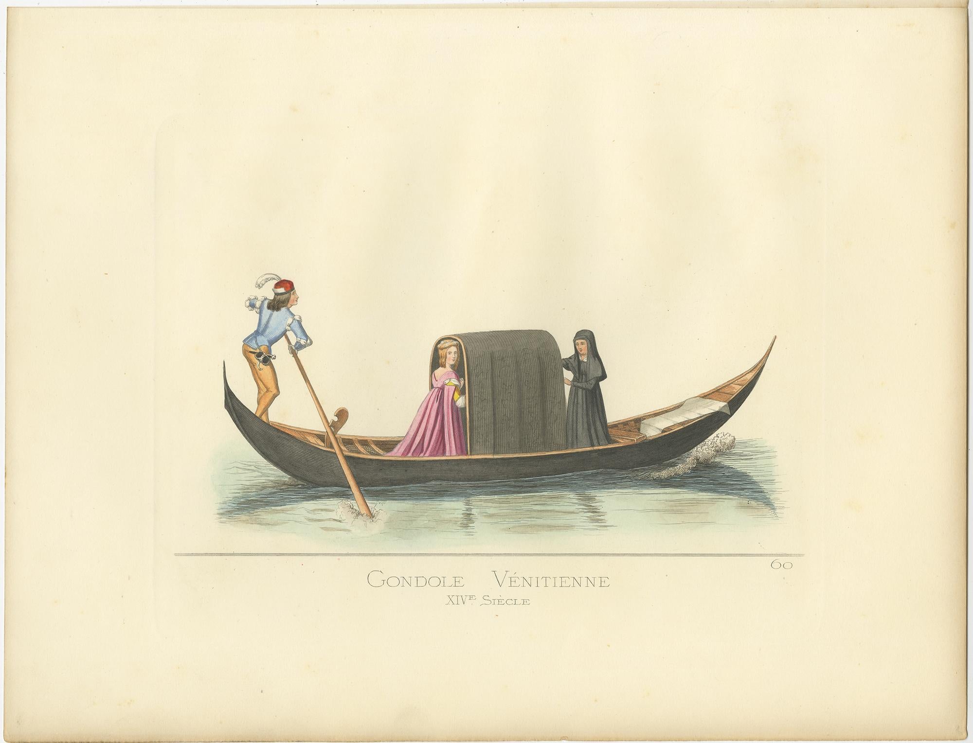 19th Century Antique Print of a Venetian Gondola, 14th Century, by Bonnard, 1860 For Sale
