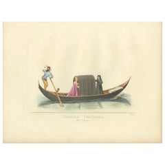 Antique Print of a Venetian Gondola, 14th Century, by Bonnard, 1860