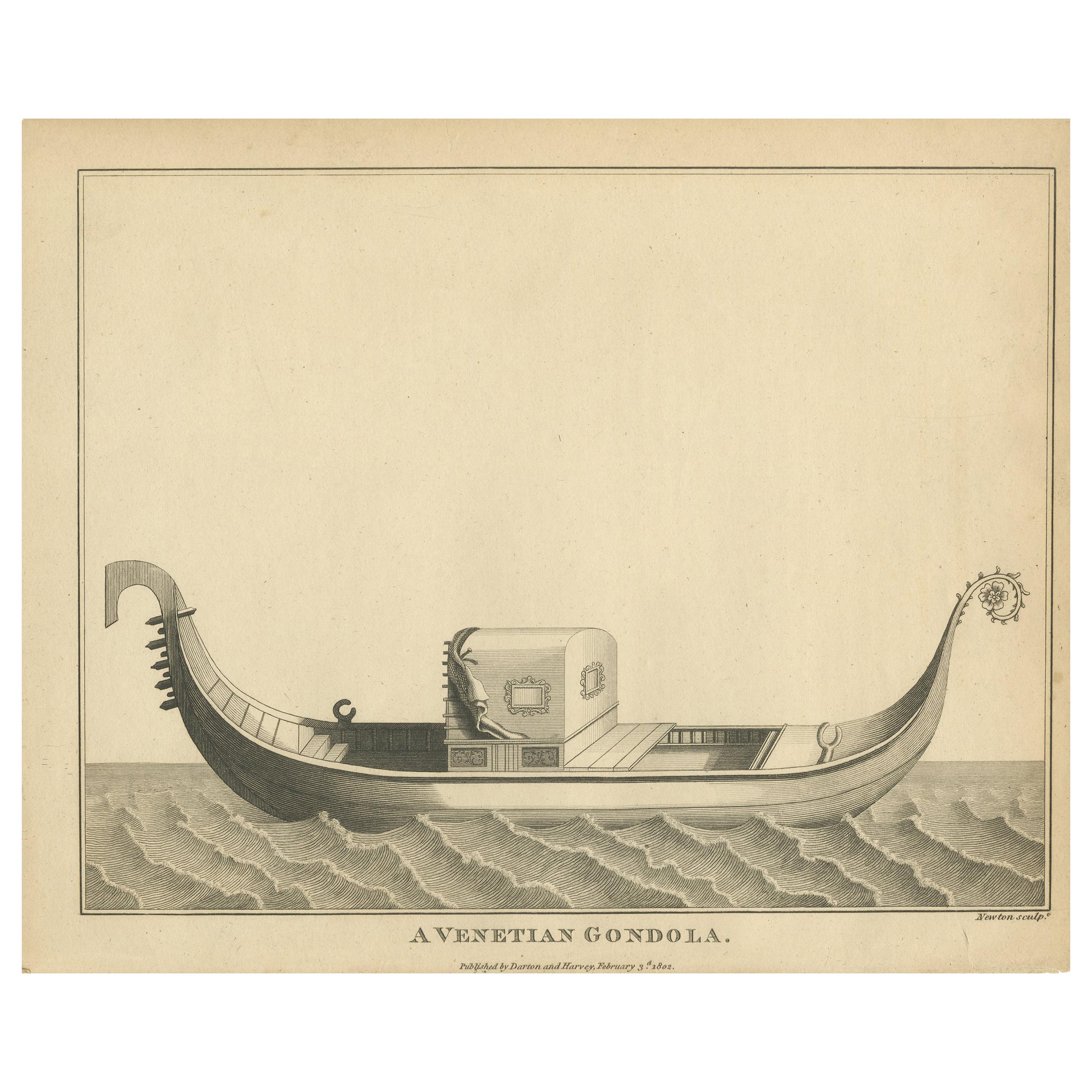 Antique Print of a Venetian Gondola by Newton '1802'