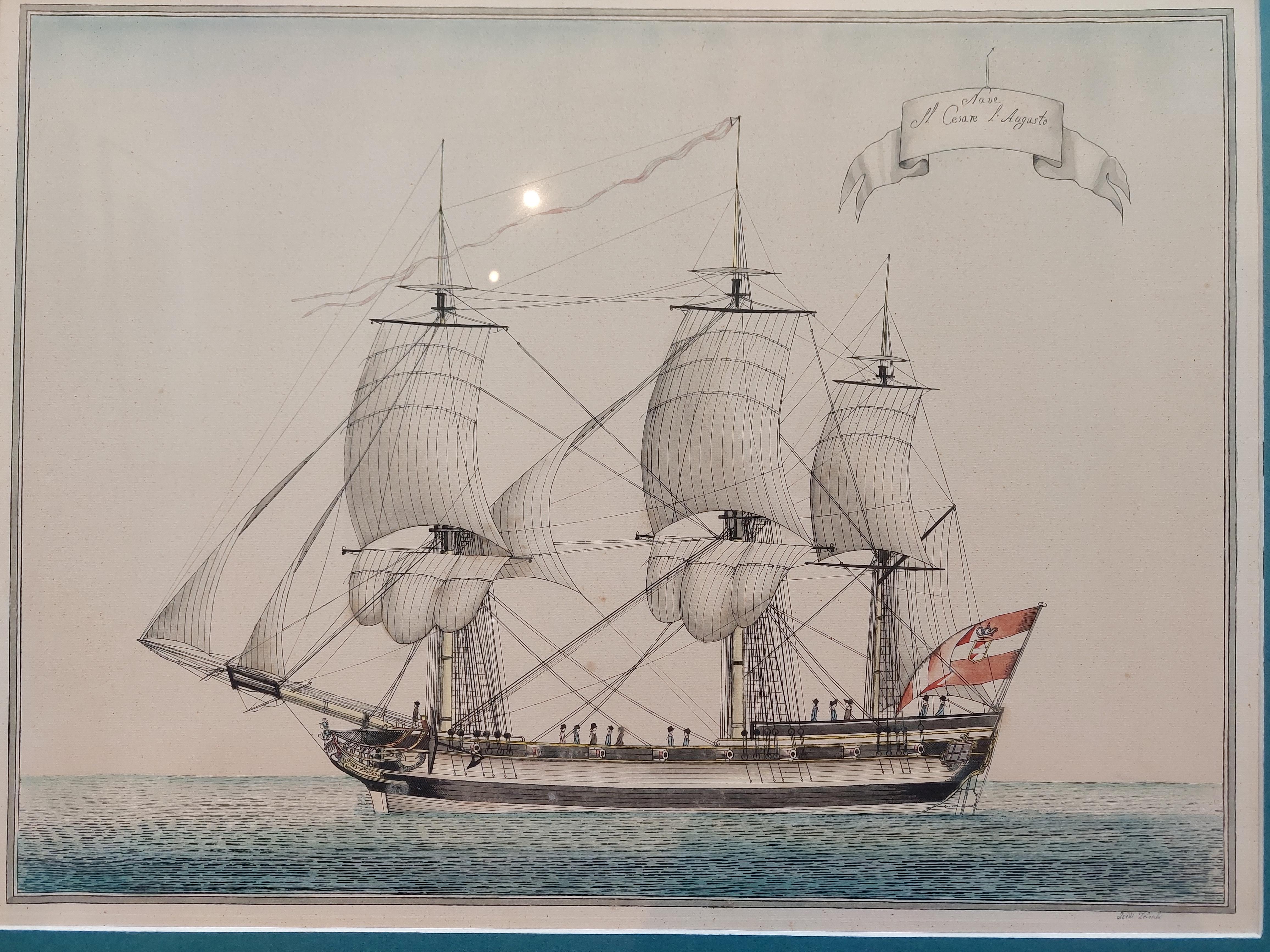 Antique print titled Nave il Cesare l'Augusto'. Etching with hand coloring, published circa 1850. Signed Leveschi (?).