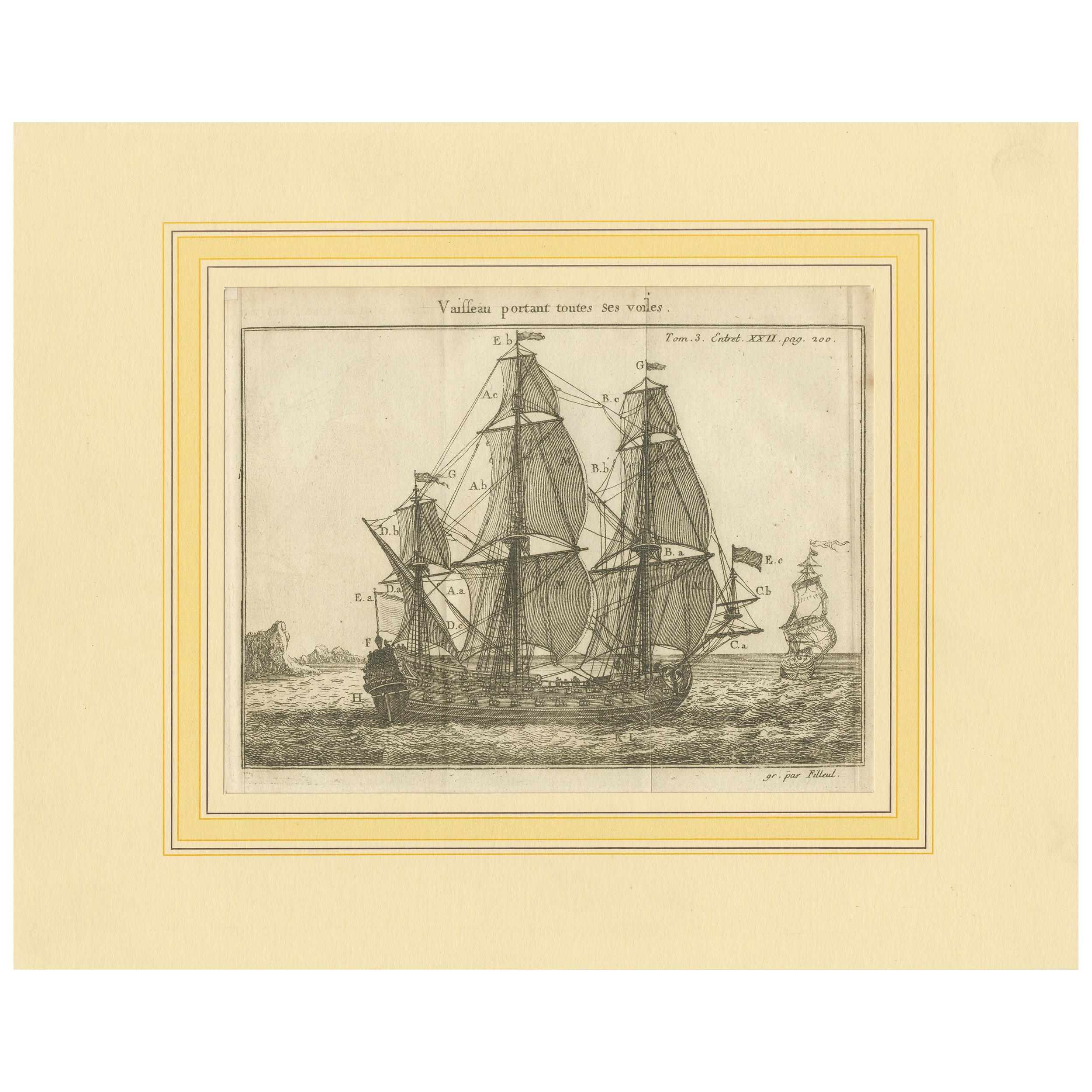 Antique Print of a Vessel with All the Sails by Pluche '1735' For Sale