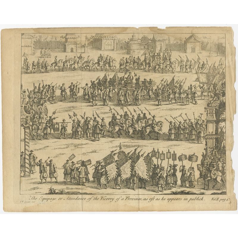 Antique print titled 'The Equipage or Attendance of the Viceroy of a Province, as oft as he appears in publick'. Copper engraving of a Chinese procession. Source unknown, to be determined. 

Artists and Engravers: Anonymous. Most likely made after