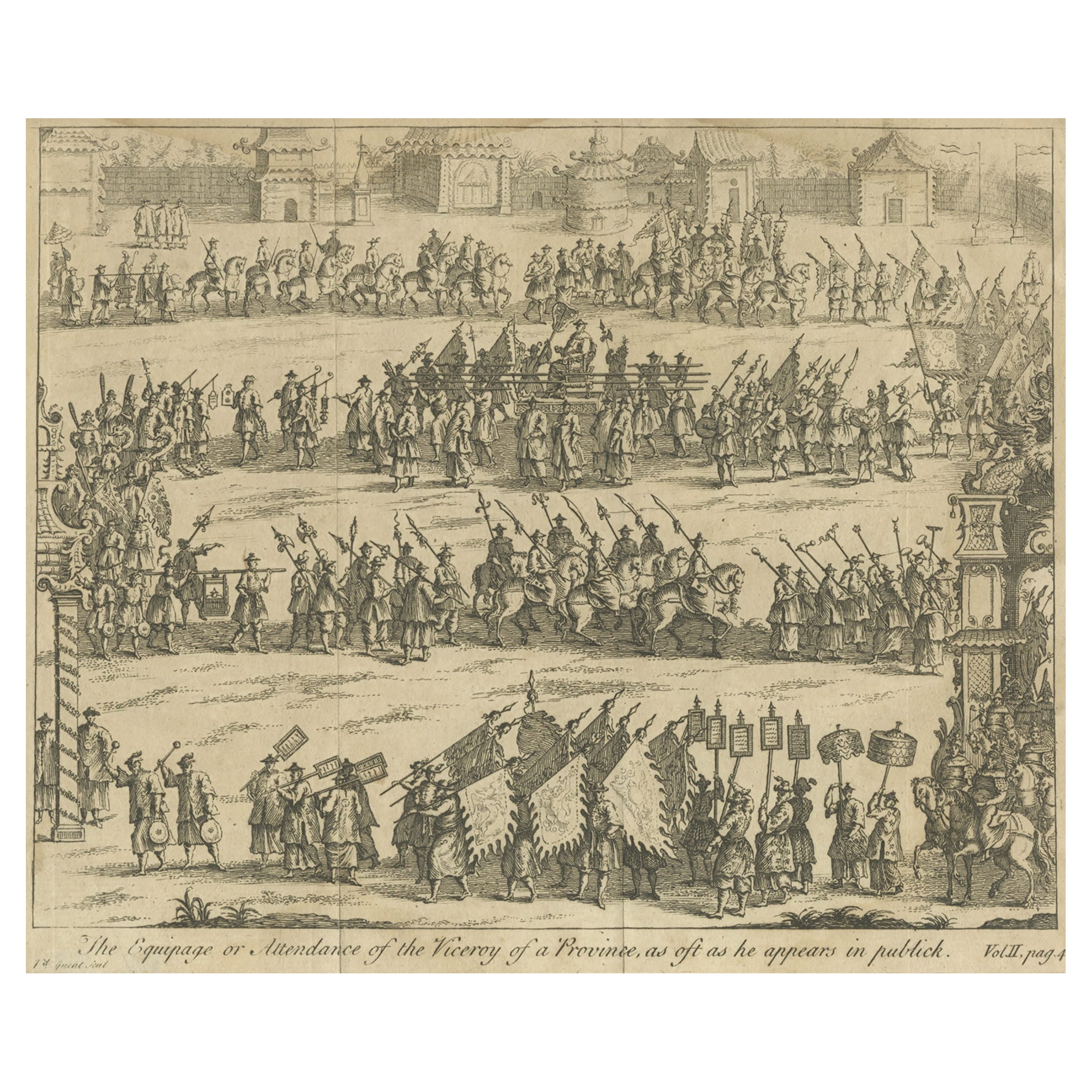 Antiker Druck einer Vizekönigsprozession in China, um 1740