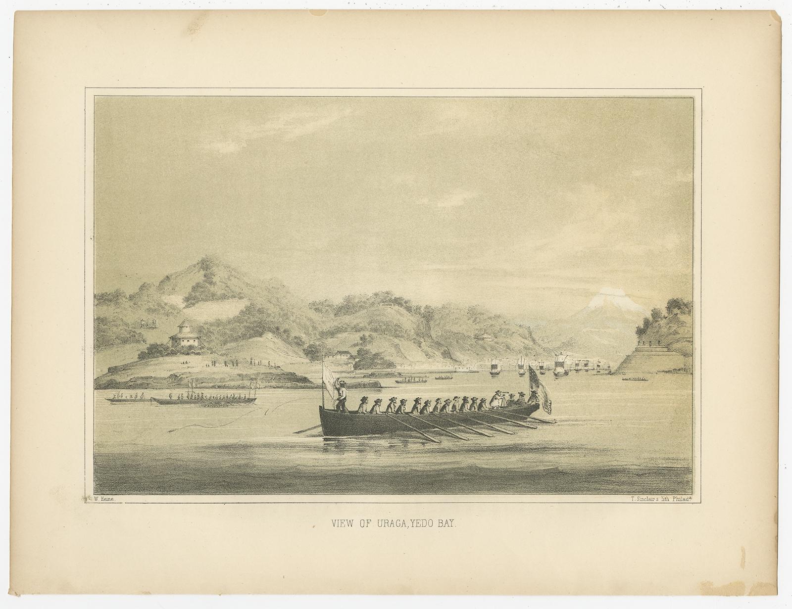 Description: Antique print titled ‘View of Uraga, Yedo Bay'. View of Uraga, Japan. 

This print originates from 'Narrative of the expedition of an American squadron to the China seas and Japan, performed in the years 1852, 1853, and 1854, under