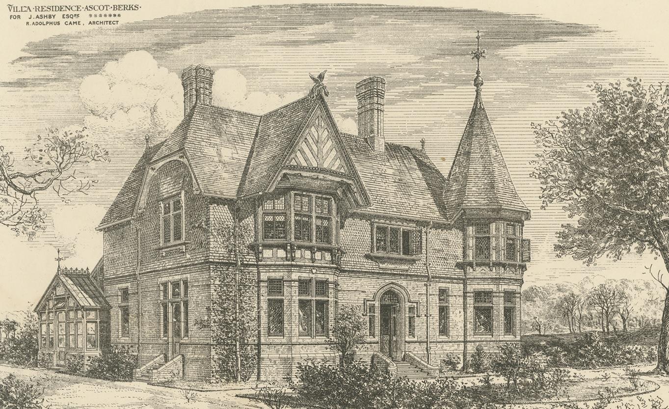Antique print titled 'Villa Residence Ascot Berks'. View of a Villa Residence, Ascot, Berkshire. This print originates from 'The Building News'.