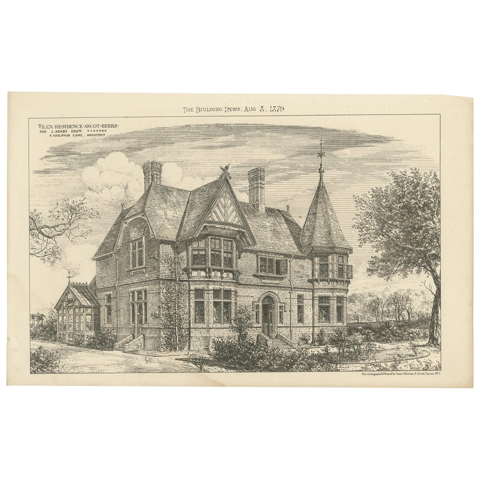 Antique Print of a Villa Residence in Ascot '1879' For Sale