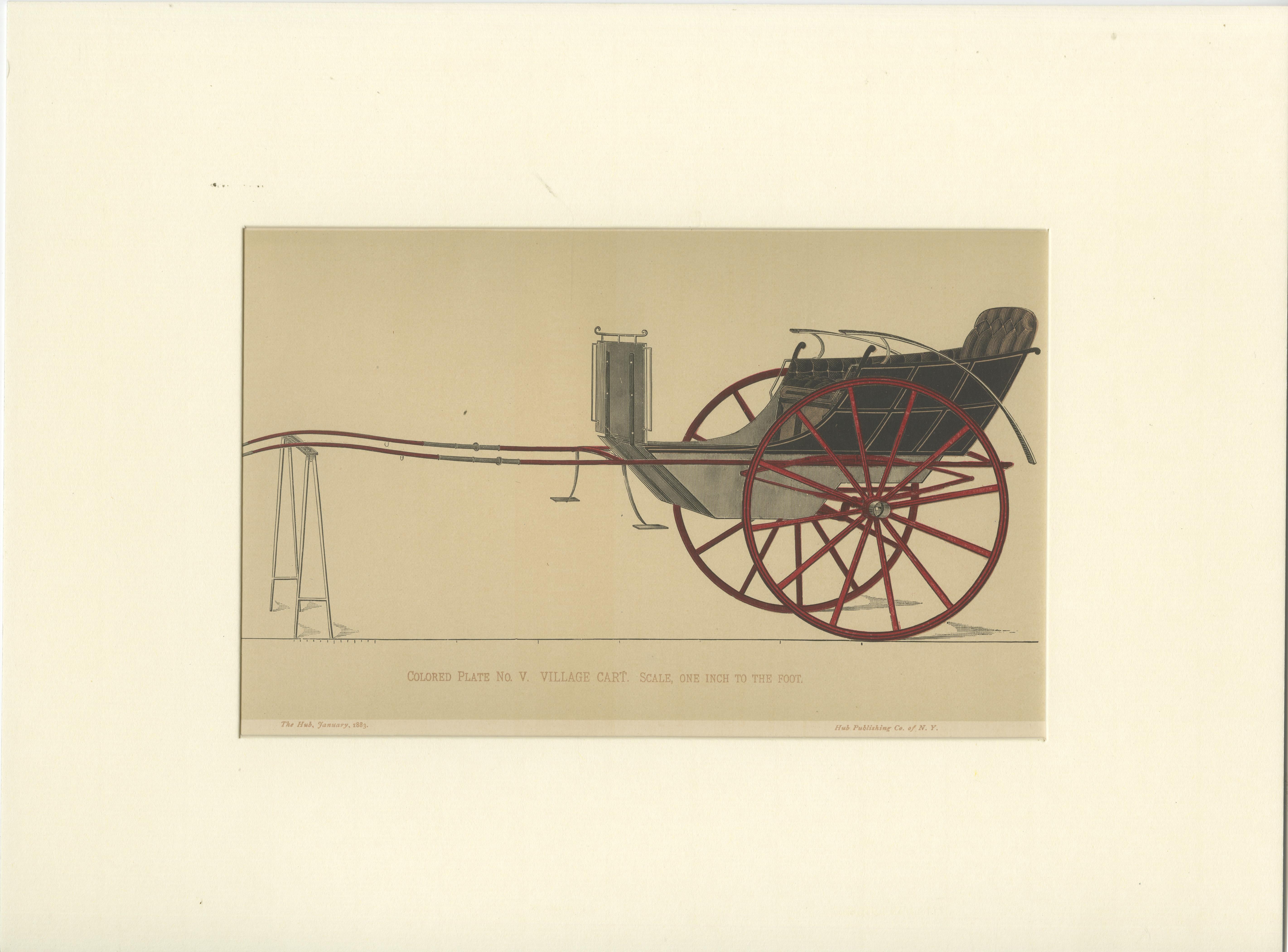 Antique print titled 'Colored Plate No. V Village Cart (..)'. Original print of a two wheeled village cart. This print originates from 'The Hub, Carriage Makers trade magazine'. Published 1883. 